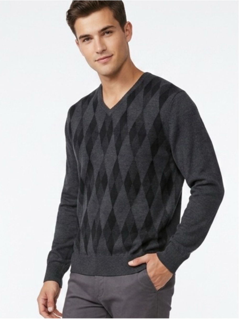 Men's J. Ferrar Cashmere Blend Argyle V-Neck Sweater Gray Charcoal Medium 697